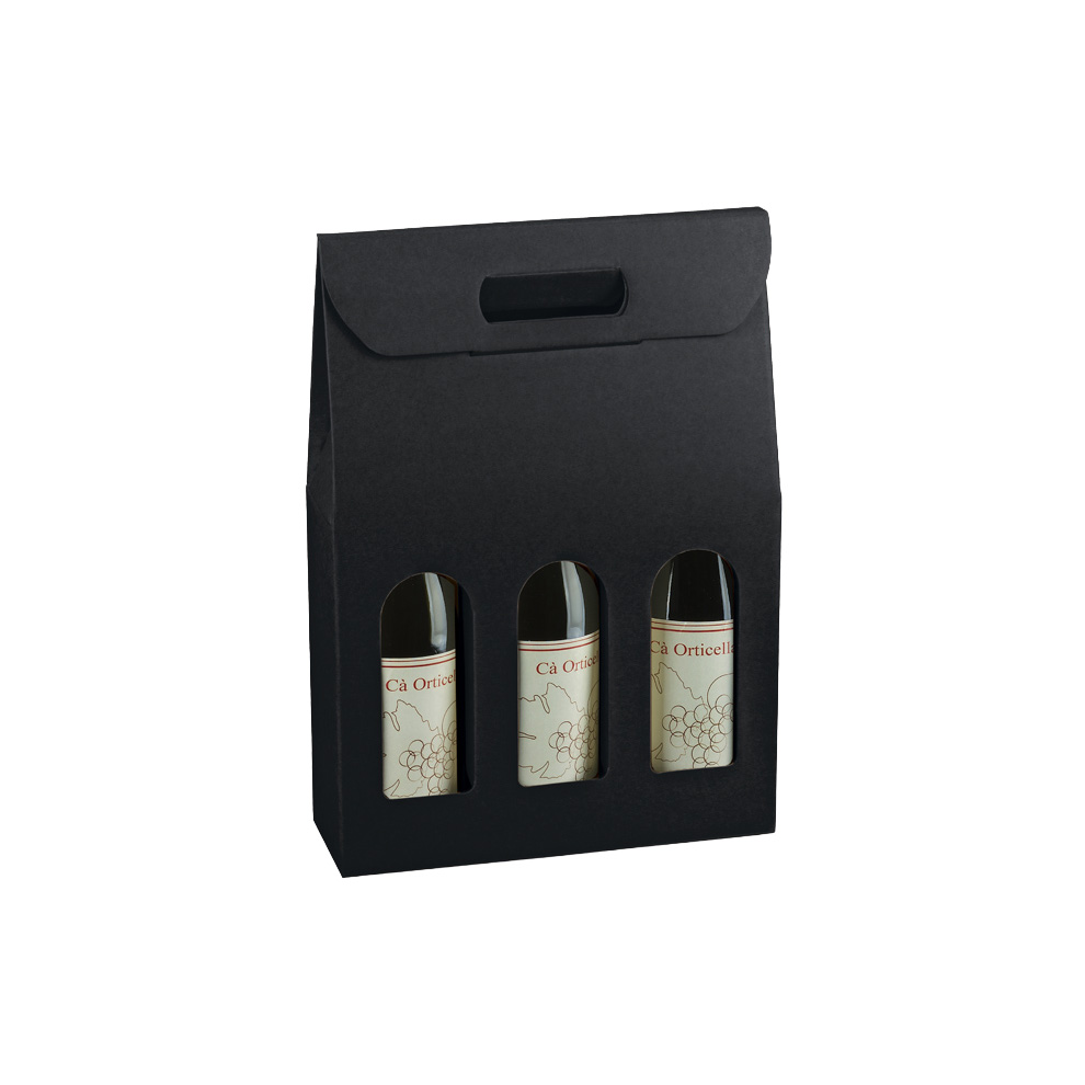 Boîtes pour 3 bouteilles de vin à fenêtre poignée kraft noir 27x9x38,5cm – paquet de 30 - Coffrets pour bouteilles de vin, Boîtes pour bouteilles de vin