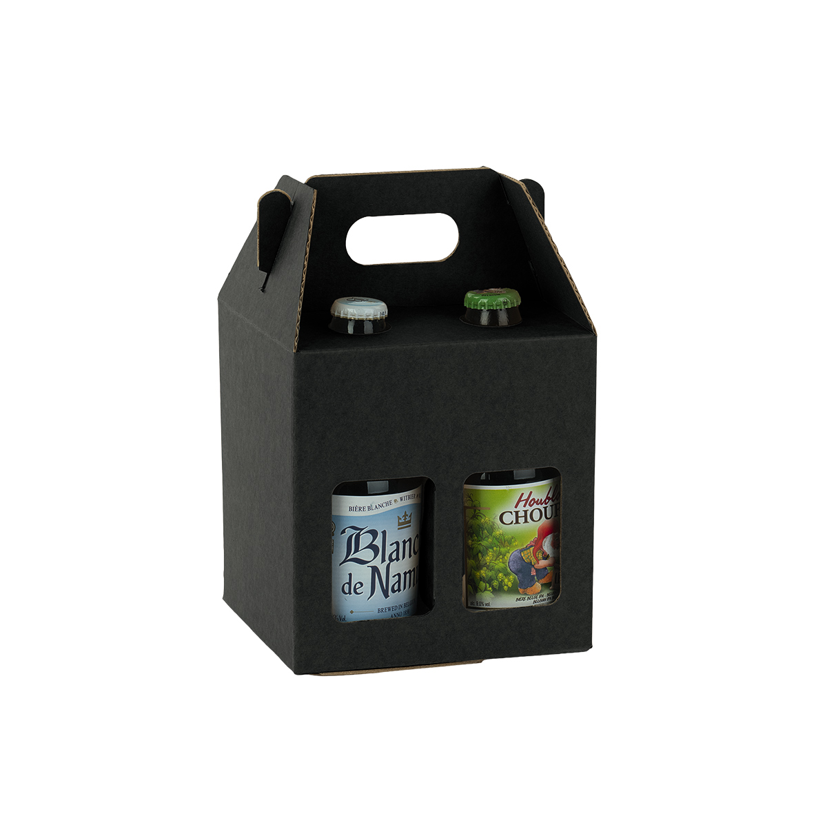 Étui 4 bières kraft noir à fenêtre avec poignée 13x13x21cm - Lot de 30 - Mètres de bières, Emballages pour bouteilles de bières-1