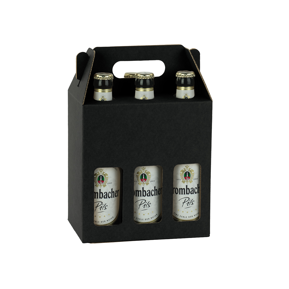 Étui bouteilles bière noir à fenêtre poignée 19x13x21cm – 6 bouteilles – Paquet de 30 - Mètres de bières, Emballages pour bouteilles de bières-1