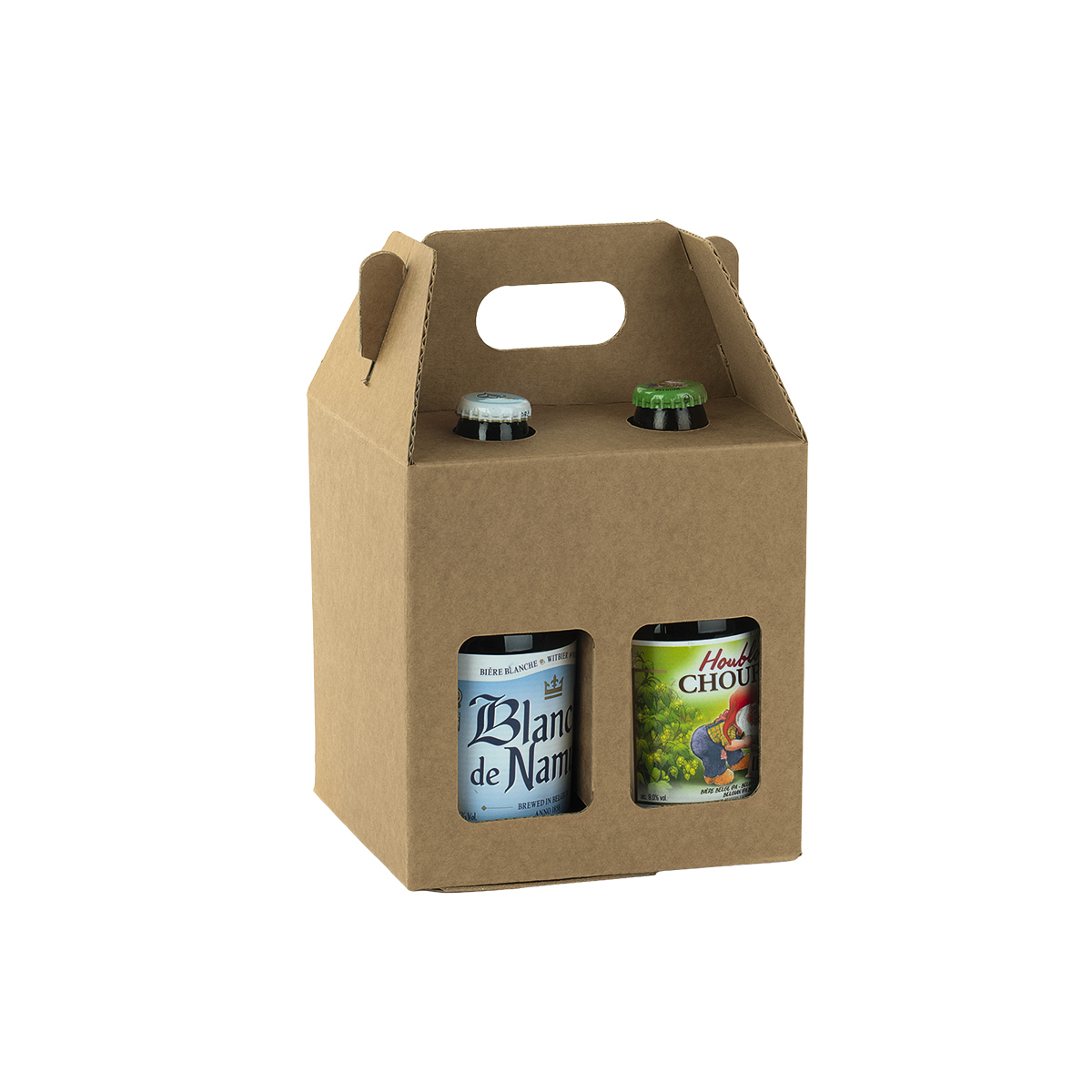 Étui 4 bières kraft brun à fenêtre avec poignée 13x13x21cm - Lot de 30 - Mètres de bières, Emballages pour bouteilles de bières-1