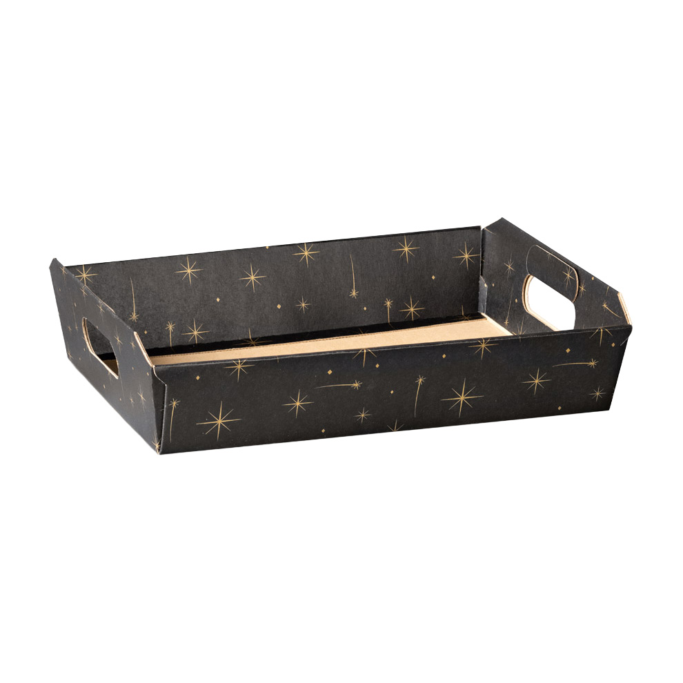 Paniers pour panier garni étoiles noir/or poignées découpées 35x26x7cm - Paquet de 30 - Corbeilles carton