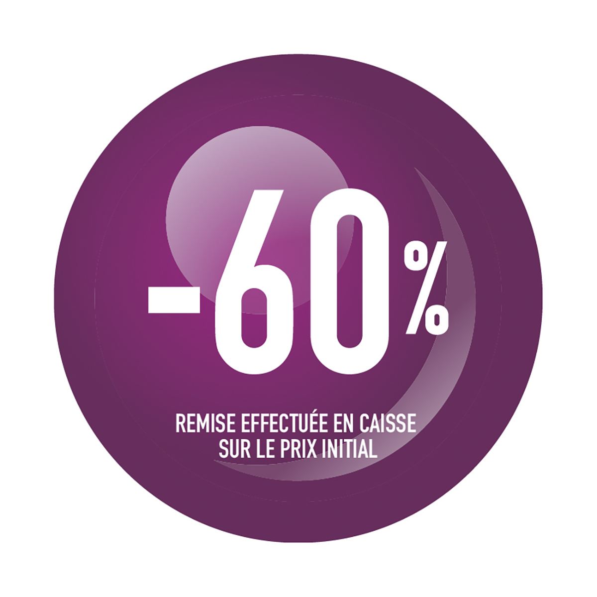 Sticker Soldes “-60%” Violet – Pastille adhésive ø25mm - Lot de 500 - Étiquettes adhésives Soldes