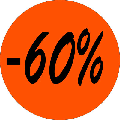 Pastille adhésive promo '-60%' rond ø 36 mm, Orange fluo - Sticker promo - Lot de 500 - Gommettes adhésives évènementielles