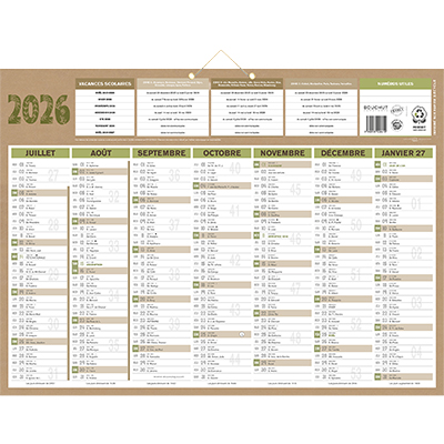 Calendrier mural Natura 2026 – 7 mois recto verso – 40,5 x 55 cm – 100 % recyclé – congés scolaires, fêtes, lunaisons – Origine France Garantie - Calendriers professionnels