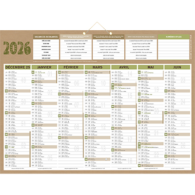 Calendrier mural Natura 2026 – 7 mois recto verso – 40,5 x 55 cm – 100 % recyclé – congés scolaires, fêtes, lunaisons – Origine France Garantie - Calendriers professionnels-1