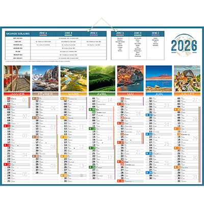 Calendrier bancaire 2026 gamme Planète – 7 mois recto verso – 43 x 55 cm – 320 g/m² – 100 % recyclable – congés scolaires, fêtes, lunaisons – Origine France Garantie - Calendriers professionnels-1
