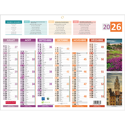 Calendrier 2026 4 saisons medium – 32 x 42 cm – 6 mois recto verso – 160 g/m² – recyclable – congés scolaires, fêtes, lunaisons, jours ouvrables – Origine France Garantie - Calendriers professionnels