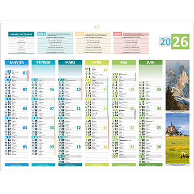 Calendrier 2026 4 saisons medium – 32 x 42 cm – 6 mois recto verso – 160 g/m² – recyclable – congés scolaires, fêtes, lunaisons, jours ouvrables – Origine France Garantie - Calendriers professionnels-1