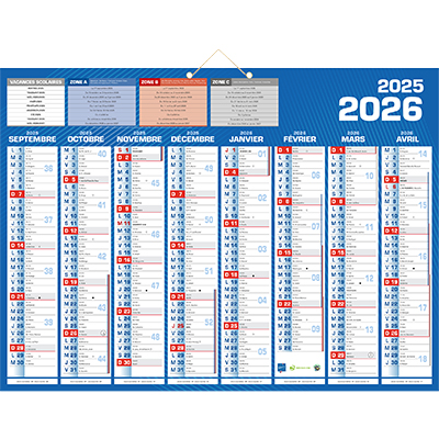 Calendrier classique 16 mois 2025-2026 – 40,5 x 55 cm – 8 mois recto/verso – recyclable – congés scolaires, fêtes, lunaisons – Origine France Garantie - Calendriers professionnels
