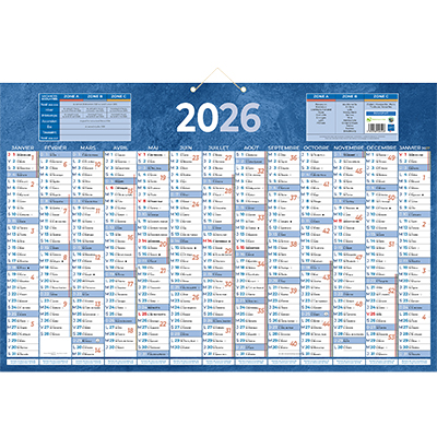 Calendrier mural 2026 13 mois sur 1 face - 43 x 65 cm - bleu - recyclable - congés scolaires, fêtes, lunaisons - Calendriers professionnels