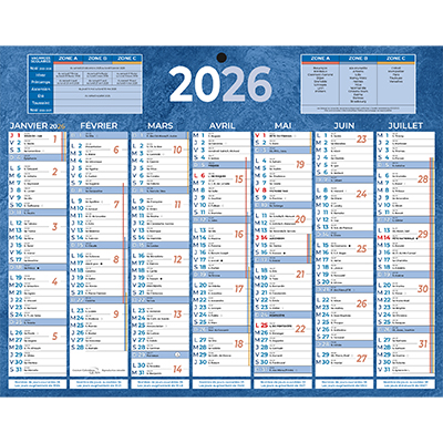 Calendrier mural annuel 2026 7 mois recto verso – 21 x 26,5 cm – bleu - recyclé – recyclable – congés scolaires, fêtes, lunaisons – Origine France Garantie - Calendriers professionnels