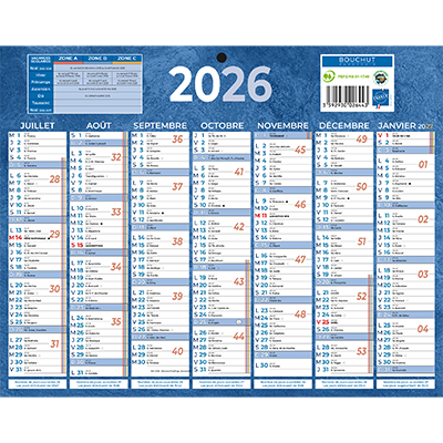 Calendrier mural annuel 2026 7 mois recto verso – 21 x 26,5 cm – bleu - recyclé – recyclable – congés scolaires, fêtes, lunaisons – Origine France Garantie - Calendriers professionnels-1