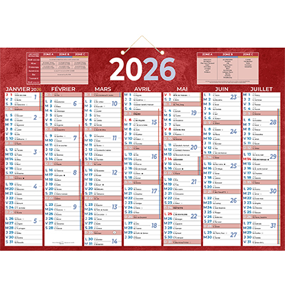 Calendrier mural annuel 2026 7 mois recto verso – 38,5 x 54 cm – rouge - recyclé – recyclable – congés scolaires, fêtes, lunaisons – Origine France Garantie - Calendriers professionnels