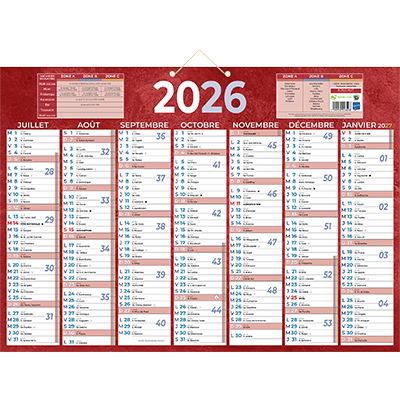 Calendrier mural annuel 2026 7 mois recto verso – 38,5 x 54 cm – rouge - recyclé – recyclable – congés scolaires, fêtes, lunaisons – Origine France Garantie - Calendriers professionnels-1