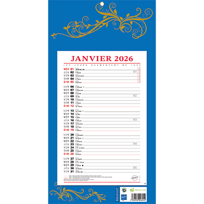 Calendrier bloc mensuel 2026 bleu 19x36 cm - recyclable, origine France garantie - Calendriers professionnels