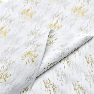 Papier de soie blanc imprimé or Plaisir d'offrir 18g/m² 50 x 75 cm, 120 feuilles - Papiers de soie-1
