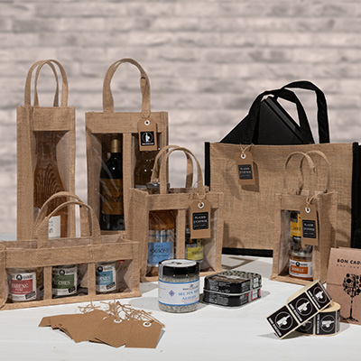 Sac jute 3 pots - Panier jute 3 pots - avec fenêtres 25 + 10 x 10 cm – Paquet de 10 - Sacs jute-3