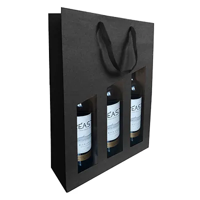 Sac bouteille kraft noir mat avec fenêtre et poignées ruban coton 28,5 + 9,5 X 38,5 cm 190g/m² - 3 bouteilles - Paquet de 10 - Sacs bouteilles