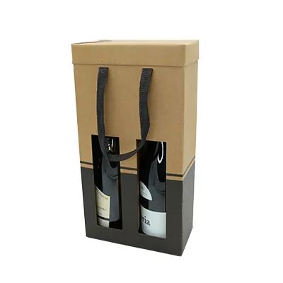 Sac bouteille pop-up brun / noir à fenêtre et poignées papier 19 x 9,5 x 38,5 cm - 2 bouteilles – Paquet de 10 - Sacs bouteilles-3