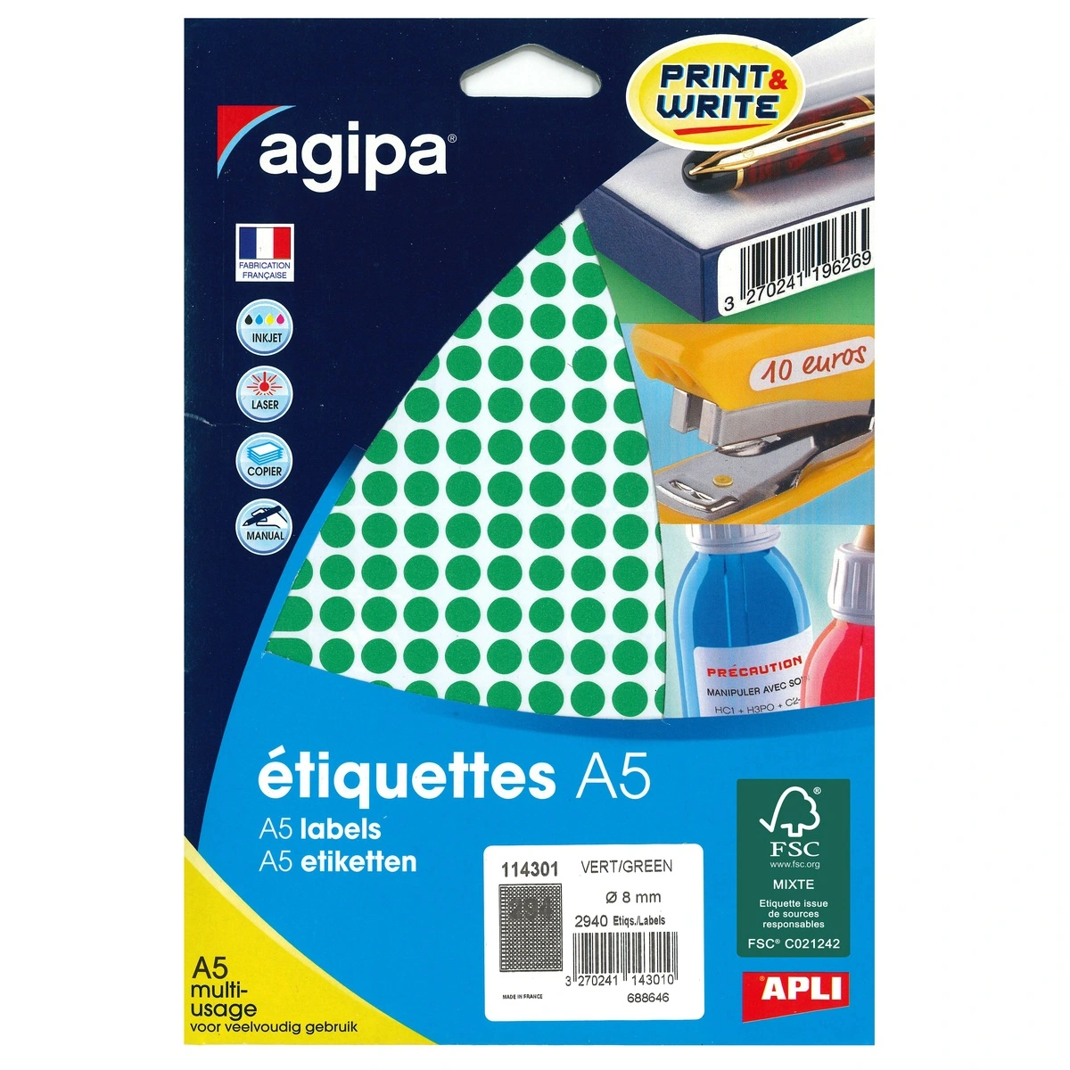 Pastille adhésive permanente Verte ø 8 mm Agipa - Pastille de signalisation - Étui de 2940 - Gommettes de couleur