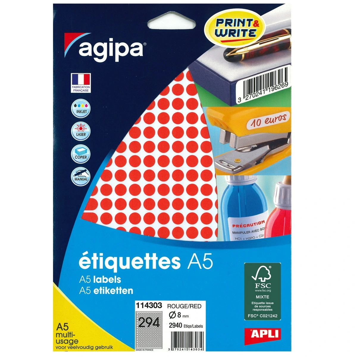 Pastille adhésive permanente Rouge ø 8 mm Agipa - Pastille de signalisation - Étui de 2940 - Gommettes de couleur