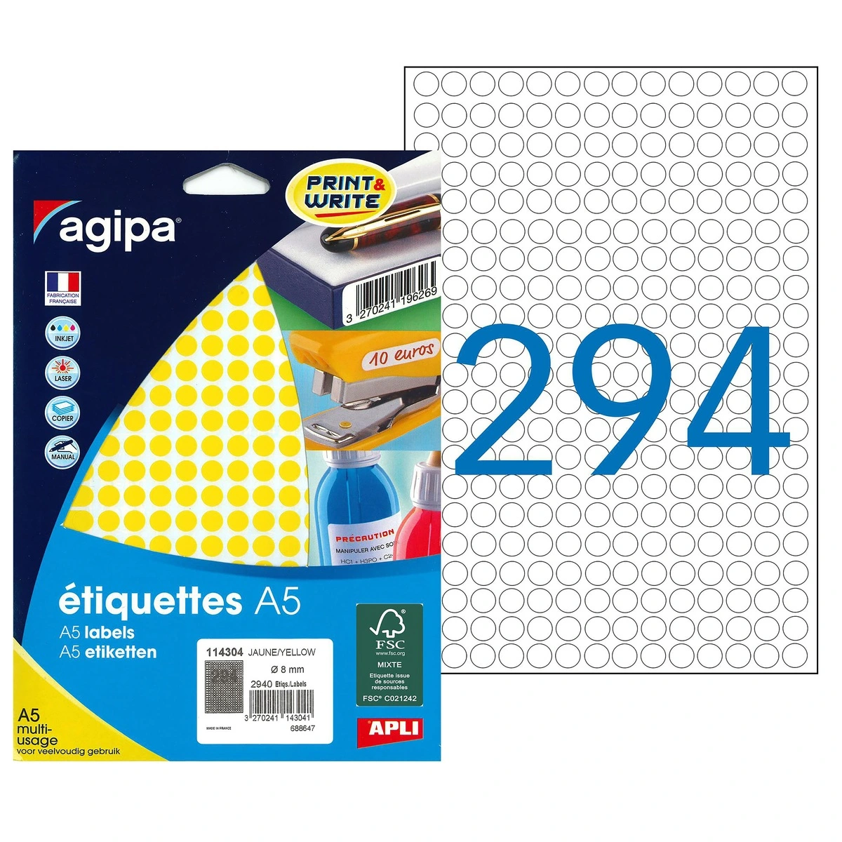Pastille adhésive permanente Jaune fluo ø 8 mm Agipa - Pastille de signalisation - Étui de 2940 - Gommettes de couleur-2