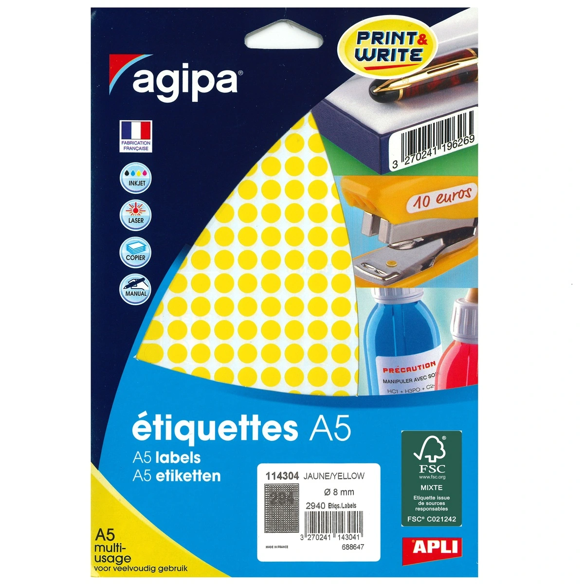 Pastille adhésive permanente Jaune fluo ø 8 mm Agipa - Pastille de signalisation - Étui de 2940 - Gommettes de couleur
