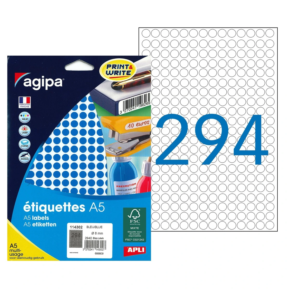 Pastille adhésive permanente Bleue ø 8 mm Agipa - Pastille de signalisation - Étui de 2940 - Gommettes de couleur-2
