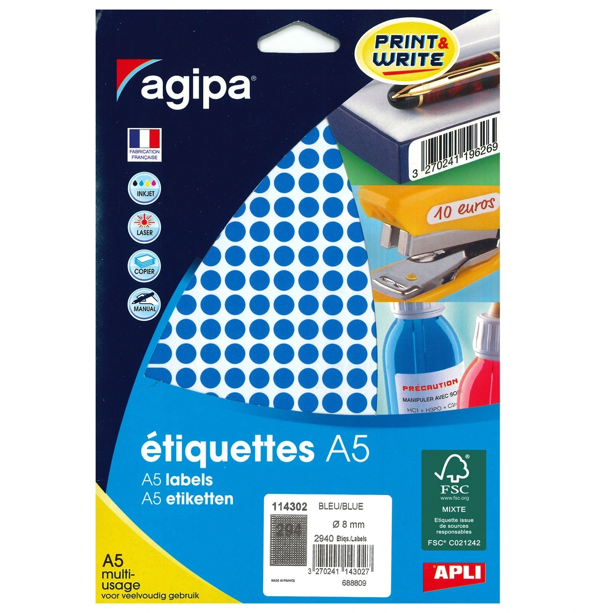 Pastille adhésive permanente Bleue ø 8 mm Agipa - Pastille de signalisation - Étui de 2940 - Gommettes de couleur
