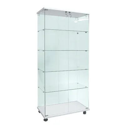 Vitrine colonne verre trempé socle blanc 4 tablettes 80 x 40 x 175 cm sur roulettes – Vitrine d’exposition - Vitrine exposition magasin - Vitrines Bois