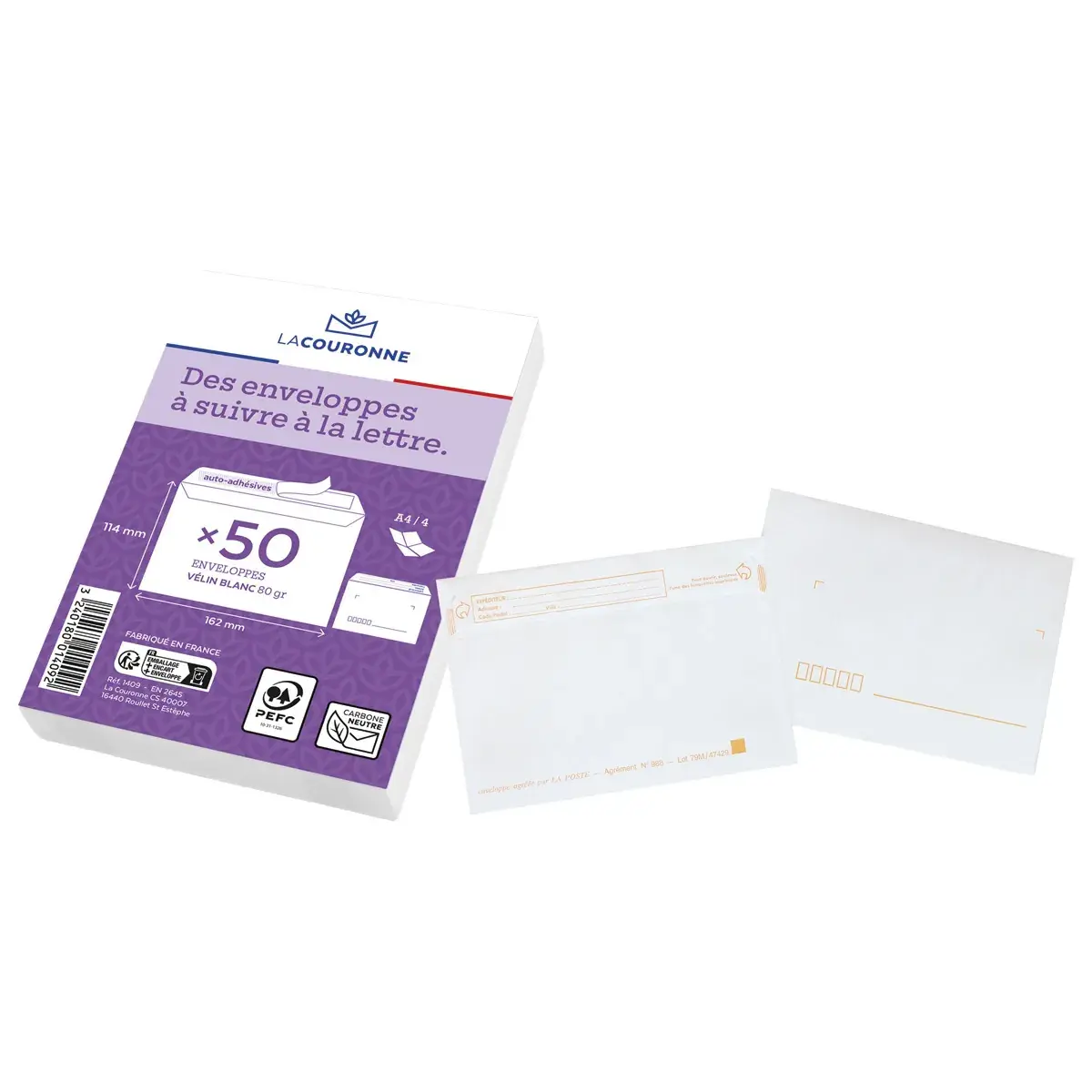 Enveloppe blanche C6 114 x 162 mm précasées 80g La Couronne - Paquet de 50 - Enveloppes blanches-2