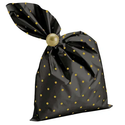 Pochette cadeau métallisée noire pois or Amore 35 x 50 cm - Sachet cadeau noir/or - Lot de 50 - Pochettes cadeaux métallisées