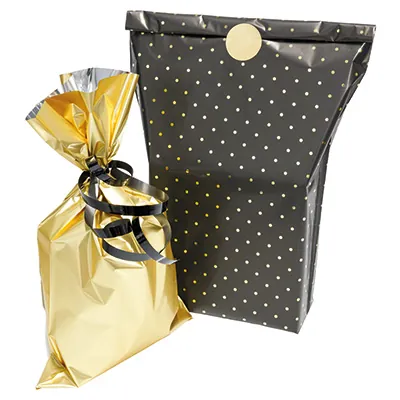 Pochette cadeau métallisée noire pois or Amore 35 x 50 cm - Sachet cadeau noir/or - Lot de 50 - Pochettes cadeaux métallisées-2