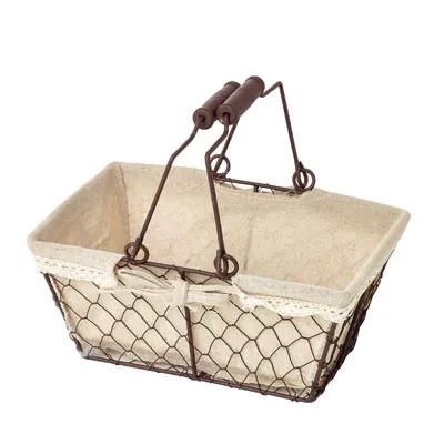 Panier métal rectangulaire marron tissu beige avec 2 anses 25 x 17 x 11 cm - Paniers à garnir