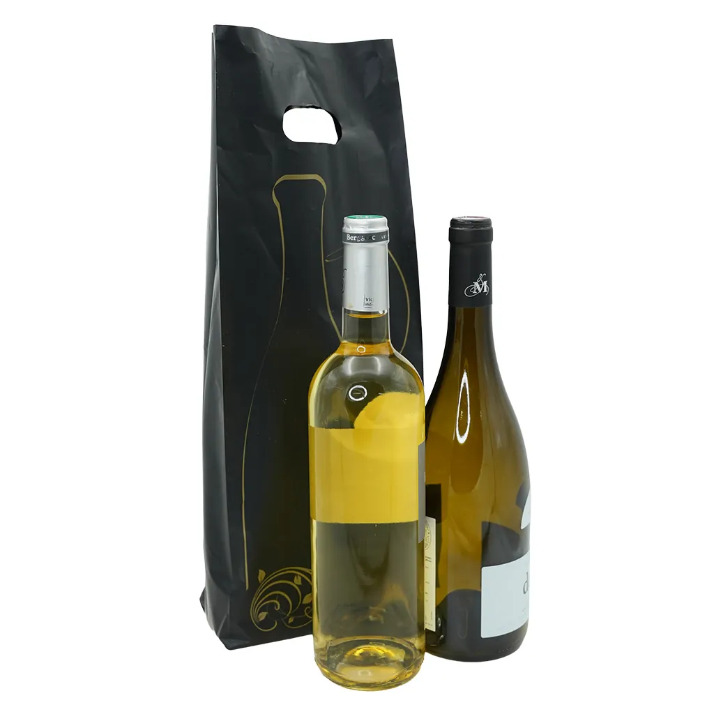 Sac 2 bouteilles plastique noir / or - 16 + 8 x H 46 cm - Paquet de 50 - Sacs pour bouteilles de vin-4
