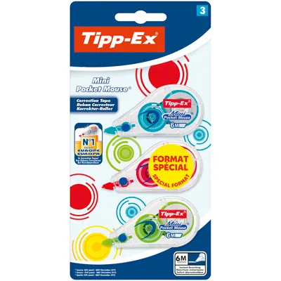 Ruban correcteur 5 mm x 5 m Tipp-Ex Mini Pocket Mouse - Mini roller correcteur blanc - Lot de 3 - Craies, Gommes, Correcteurs