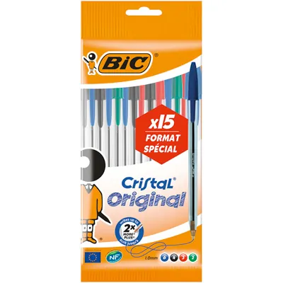 Stylos Bic cristal pointe 1 mm - 4 couleurs - lot de 15 - Stylos billes
