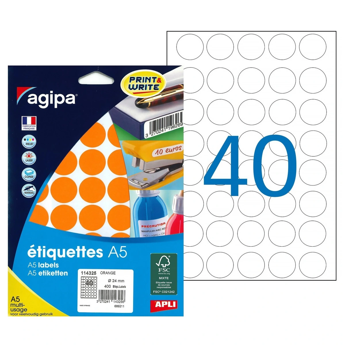 Pastille adhésive permanente Orange ø 24 mm Agipa - Pastille de signalisation - Étui de 400 - Gommettes de couleur-2