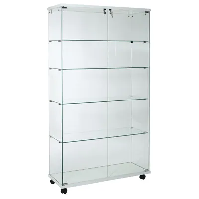 Vitrine colonne verre trempé socle blanc 4 tablettes 100 x 40 x 180 cm sur roulettes – Vitrine d’exposition - Vitrines Verre & Bois