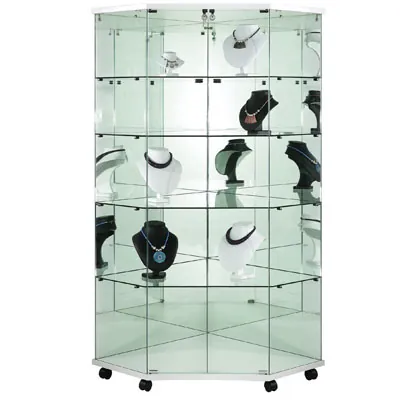 Vitrine d’angle en verre trempé 4 tablettes avec fond miroir 82 x 40 x 180 cm sur roulettes -  Vitrine d’exposition - Vitrines Bois