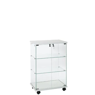 Vitrine comptoir en verre trempé blanc 2 tablettes 60 x 40 x 90 cm sur roulettes -  Vitrine d’exposition - Vitrines Verre & Bois