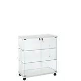 Vitrine comptoir en verre trempé blanc 2 tablettes 80 x 40 x 90 cm sur roulettes -  Vitrine d’exposition - Vitrines Bois