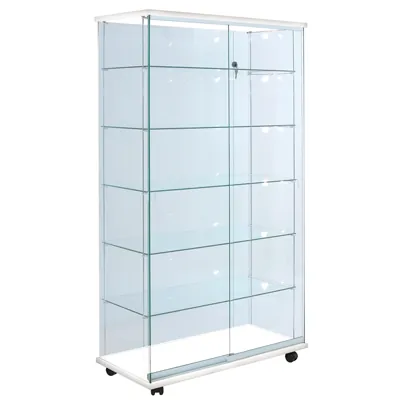 Vitrine verre trempé socle blanc 5 tablettes 100 x 46 x 180 cm sur roulettes - Vitrine d’exposition - Vitrines Bois