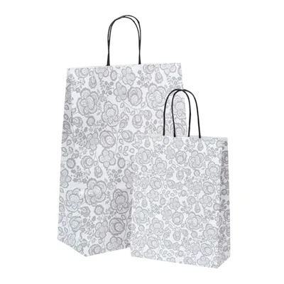 Sac cadeau motif floral gris / blanc poignées noires 18 x 8 x 24 cm - Sac cadeau papier - Lot de 50 - Sacs kraft à motifs-2