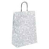 Sac cadeau motif floral gris / blanc poignées noires 27 x 12 x 37 cm - Sac cadeau papier - Lot de 50 - Sacs kraft à motifs