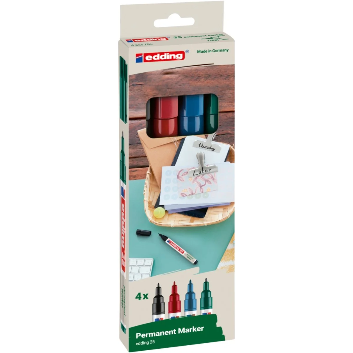 Set de 4 Marqueurs Permanents en Plastique recyclé Edding e-25 Assortis - Pointe fine 1 mm - Par 4 - Marqueurs, Feutres craies