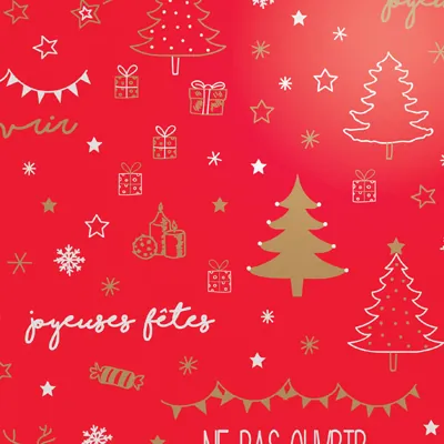 Papier cadeau Jennyfer rouge, blanc & or motifs Noël 70 cm x 50 m 60 g/m² – Le rouleau - Papier cadeaux couchés à motifs