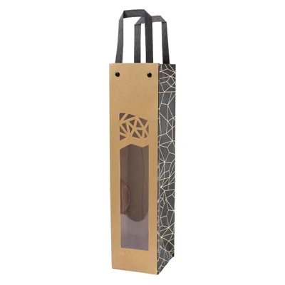 Sac bouteille kraft brun / noir avec fenêtre et poignées coton Authentique 9,5 x 9,5 x 38,5 cm - 1 bouteille - Paquet de 10 - Sacs bouteilles