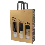 Sac bouteille kraft brun / noir avec fenêtre et poignées coton Authentique 27 x 9,5 x 38,5 cm - 3 bouteilles - Paquet de 10