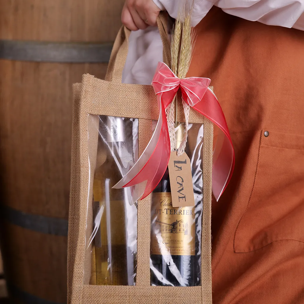 Sacs jute 2 bouteilles à fenêtres - Sacs pour bouteilles de vin-2